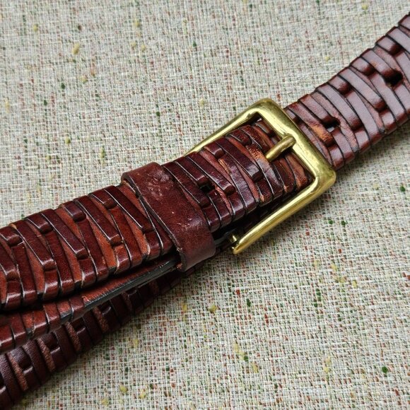 Genuine Leather Belt Brown Braided Unisex Gold Tone Solid Brass Buckle Waistband - Picture 4 of 12